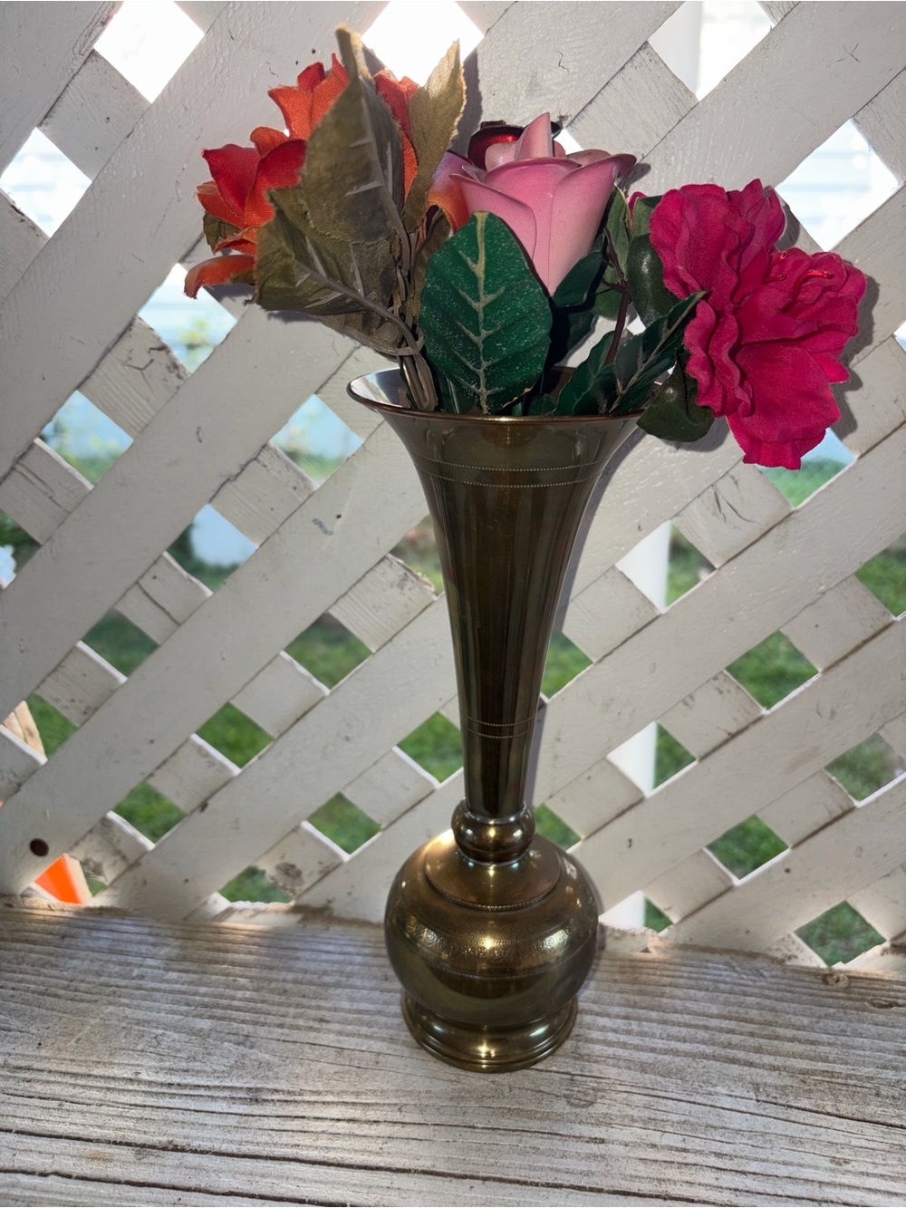 Brass Decorative Fluted Bud Vase with Pink and Fuchsia Faux Flowers